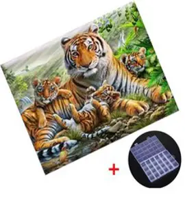 MJS 보석십자수 캔버스형 50 x 40 cm DIY 세트 비즈함 증정, 호랑이 가족, 1세트