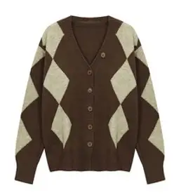 탱커스 여성 아가일 배색 V넥 가디건