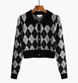 여성용 MA 아가일 체크 크롭 가디건