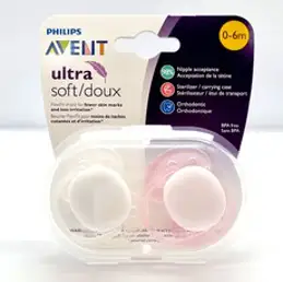 필립스아벤트 울트라 소프트 노리개 젖꼭지 2종 세트, 1단계(0~6개월), 핑크, 화이트, 1개