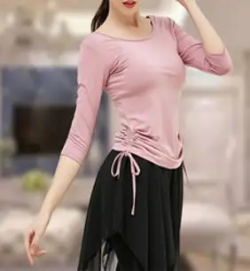 여성 성인 라운드넥 스트링 댄스 라틴 모던 댄스복 칠부 상의, 핑크