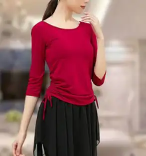 여성 성인 라운드넥 스트링 댄스 라틴 모던 댄스복 칠부 상의, 레드